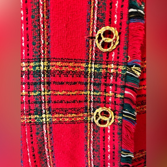 Vintage Red Tweed Plaid Knit Woven Raw Hem Fringe Blazer Jacket Gold Buttons - Picture 9 of 12